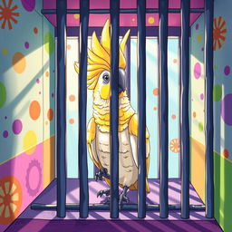 A vibrant and detailed illustration of a cockatoo, specifically a cockatiel, sitting inside a colorful, whimsical jail cell