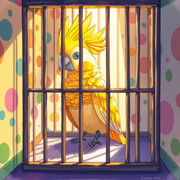A vibrant and detailed illustration of a cockatoo, specifically a cockatiel, sitting inside a colorful, whimsical jail cell
