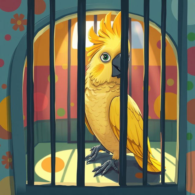 A vibrant and detailed illustration of a cockatoo, specifically a cockatiel, sitting inside a colorful, whimsical jail cell