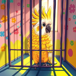 A vibrant and detailed illustration of a cockatoo, specifically a cockatiel, sitting inside a colorful, whimsical jail cell