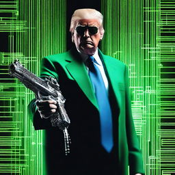 An outstanding digital art image of Donald Trump in the style of an NFT, combining elements from The Matrix, Rambo, and The Terminator