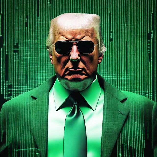 An exceptional quality, digital art image of Donald Trump in the style of an NFT, combining elements from The Matrix and The Terminator