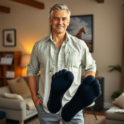 A mature-fit man with an athletic build, casually dressed, wearing black socks