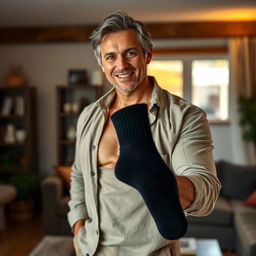 A mature-fit man with an athletic build, casually dressed, wearing black socks