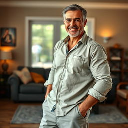 A mature-fit man with an athletic build, casually dressed, wearing black socks