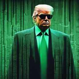 An exceptional quality, digital art image of Donald Trump in the style of an NFT, combining elements from The Matrix and The Terminator