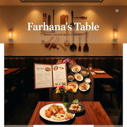 A beautifully designed restaurant page featuring the name 'Farhana's Table: Where Flavour Meets Comfort' prominently displayed at the top