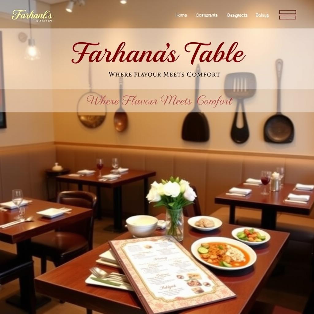 A beautifully designed restaurant page featuring the name 'Farhana's Table: Where Flavour Meets Comfort' prominently displayed at the top