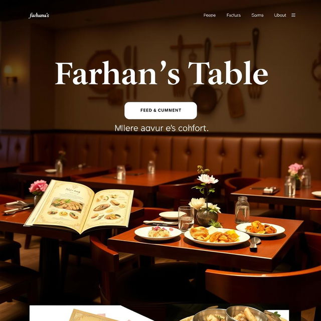 A beautifully designed restaurant page featuring the name 'Farhana's Table: Where Flavour Meets Comfort' prominently displayed at the top