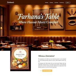 A beautifully designed restaurant page featuring the name 'Farhana's Table: Where Flavour Meets Comfort' prominently displayed at the top