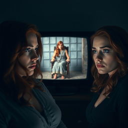 A woman intently watching her twin sister on a television screen