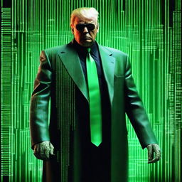 An exceptional quality, digital art image of Donald Trump in the style of an NFT, combining elements from The Matrix and The Terminator