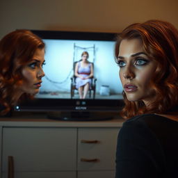 A woman intently watching her twin sister on a television screen
