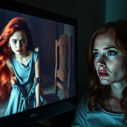 A woman intently watching her twin sister on a television screen