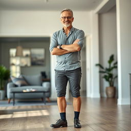 A fit man in his 50s, casually dressed in a stylish modern outfit, confidently standing with his arms crossed