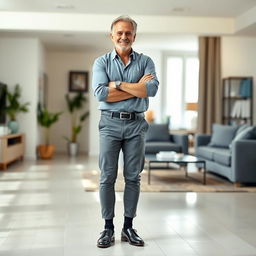 A fit man in his 50s, casually dressed in a stylish modern outfit, confidently standing with his arms crossed