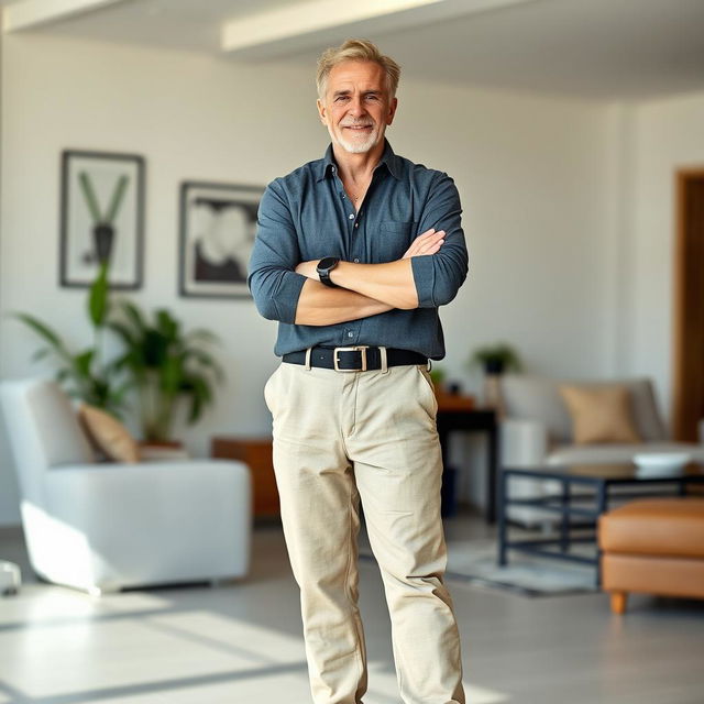 A fit man in his 50s, casually dressed in a stylish modern outfit, confidently standing with his arms crossed