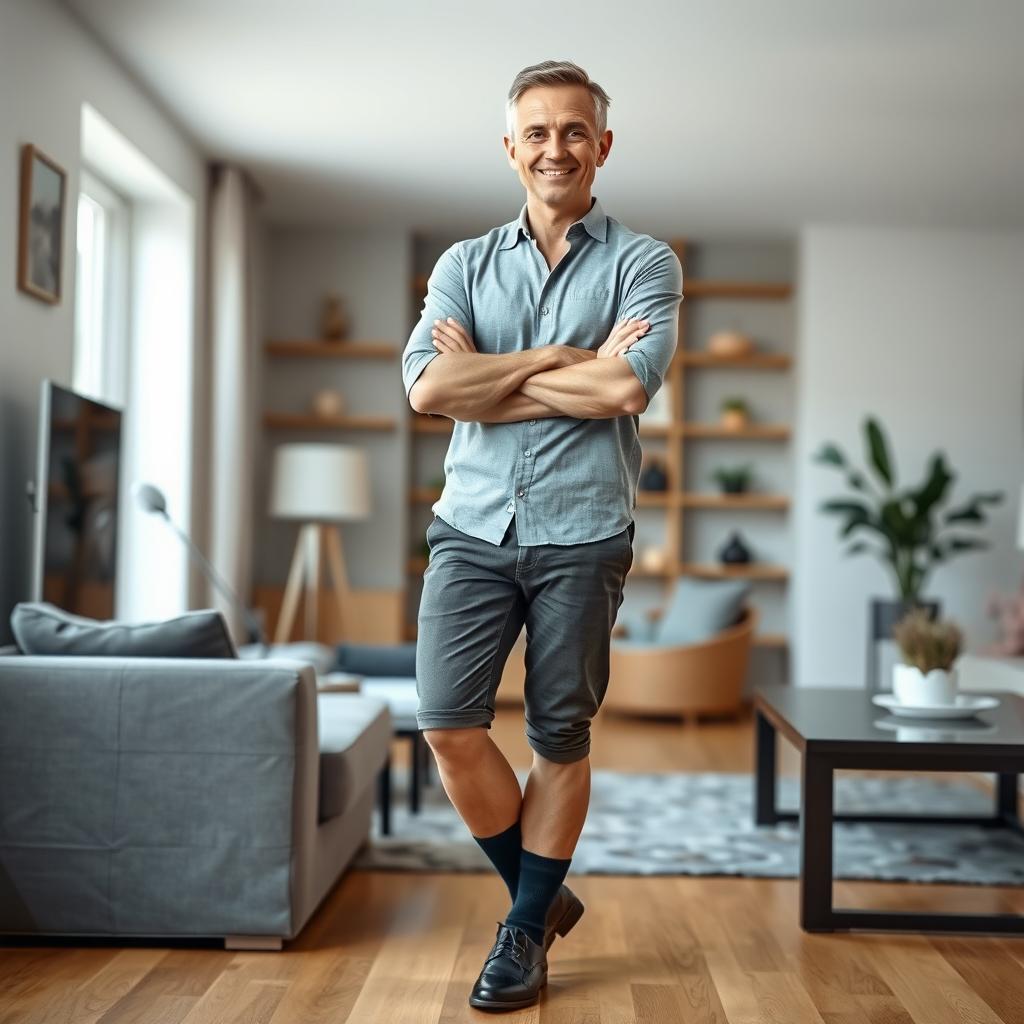 A fit man in his 50s, casually dressed in a stylish modern outfit, confidently standing with his arms crossed