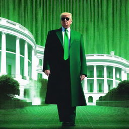 A high-quality, digital art image of Donald Trump in the style of an NFT, combining elements from The Matrix and the White House