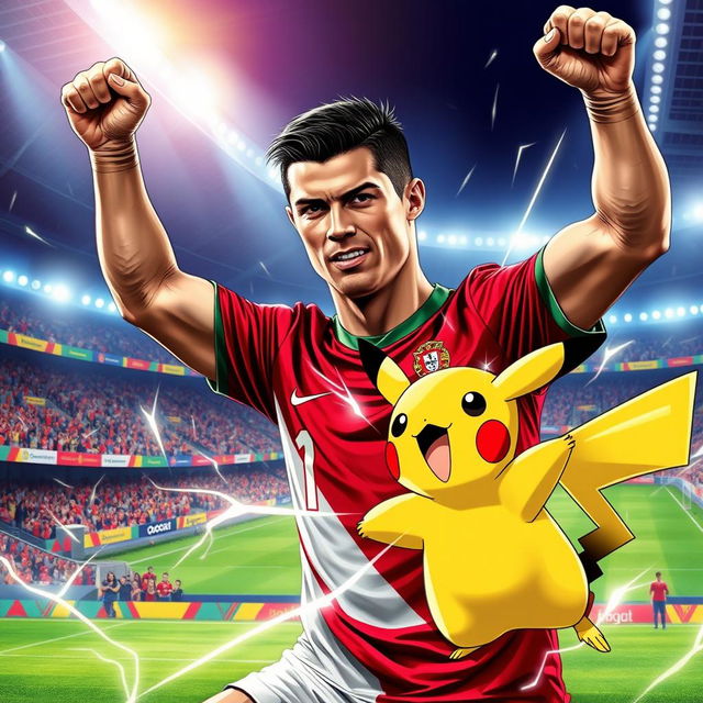 Cristiano Ronaldo, the famous footballer, triumphantly defeating a Pikachu in a dynamic Pokémon battle scene