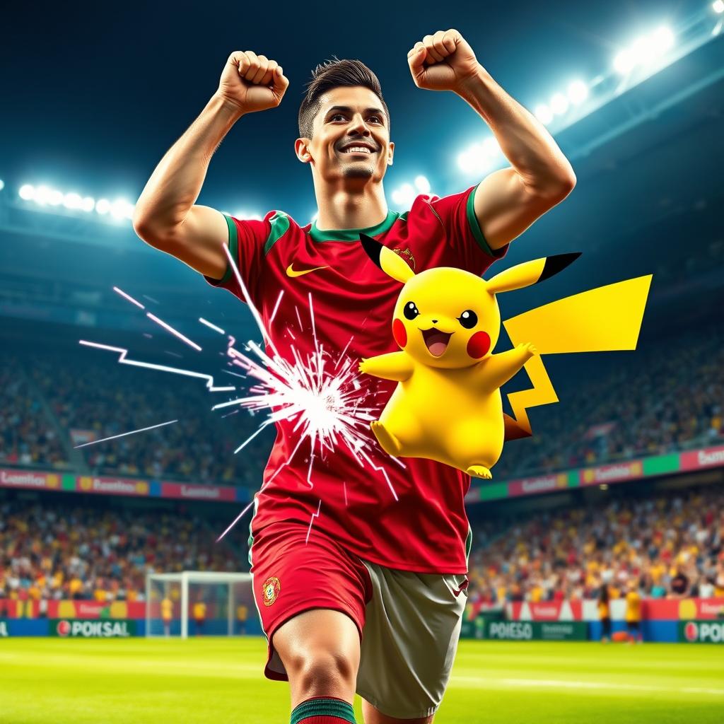 Cristiano Ronaldo, the famous footballer, triumphantly defeating a Pikachu in a dynamic Pokémon battle scene