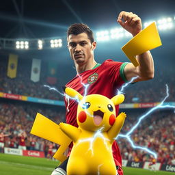 Cristiano Ronaldo, the famous footballer, triumphantly defeating a Pikachu in a dynamic Pokémon battle scene