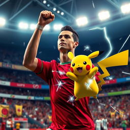 Cristiano Ronaldo, the famous footballer, triumphantly defeating a Pikachu in a dynamic Pokémon battle scene