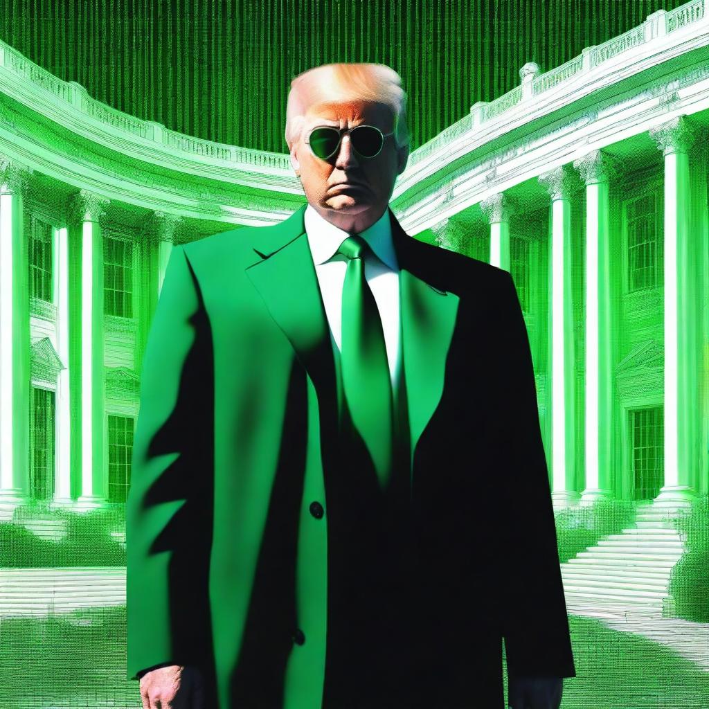 A high-quality, digital art image of Donald Trump in the style of an NFT, combining elements from The Matrix and the White House