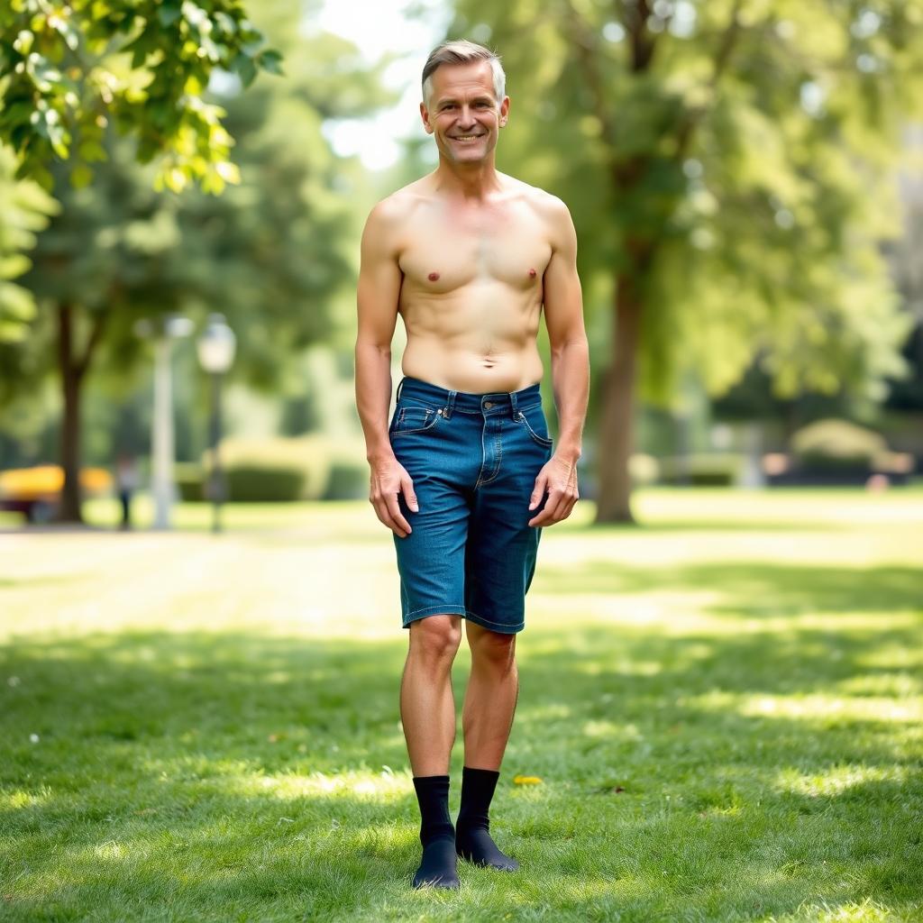 A relatively fit man in his 50s, wearing dark denim blue shorts and black socks