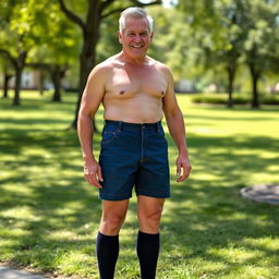 A relatively fit man in his 50s, wearing dark denim blue shorts and black socks
