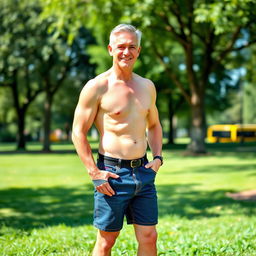 A relatively fit man in his 50s, wearing dark denim blue shorts and black socks