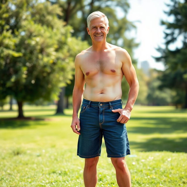 A relatively fit man in his 50s, wearing dark denim blue shorts and black socks