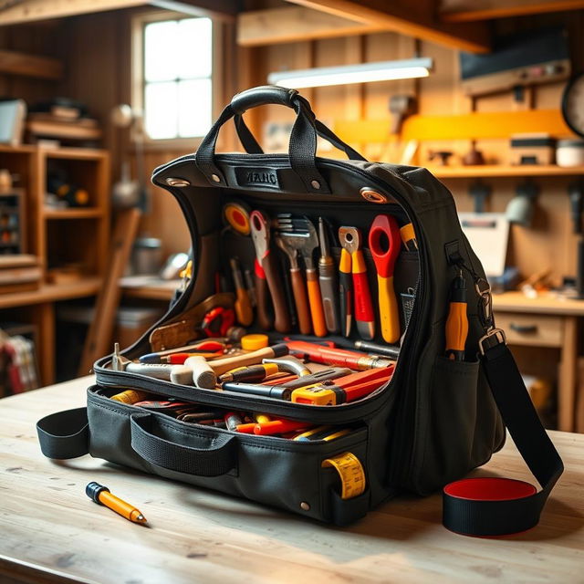 A versatile tool bag that magically transforms into a fully functional work table