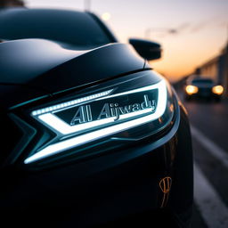 A close-up of Al Ajwady logo headlights, featuring the elegant and sophisticated logo prominently displayed on the side of the headlights