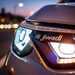 A close-up of Al Ajwady logo headlights, featuring the elegant and sophisticated logo prominently displayed on the side of the headlights