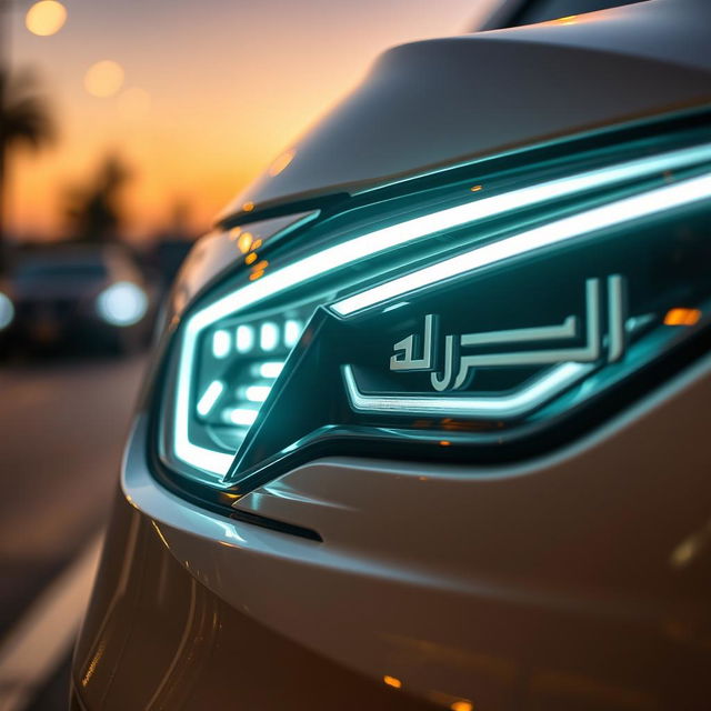 A close-up of Al Ajwady logo headlights, featuring the elegant and sophisticated logo prominently displayed on the side of the headlights