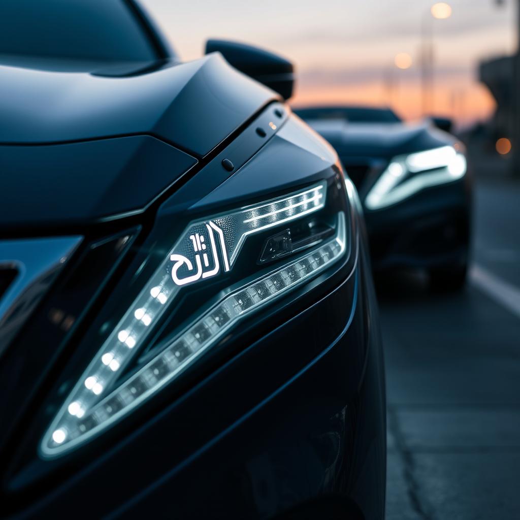 A close-up of Al Ajwady logo headlights, featuring the elegant and sophisticated logo prominently displayed on the side of the headlights