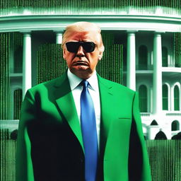 A high-quality, digital art image of Donald Trump in the style of an NFT, combining elements from The Matrix and the White House