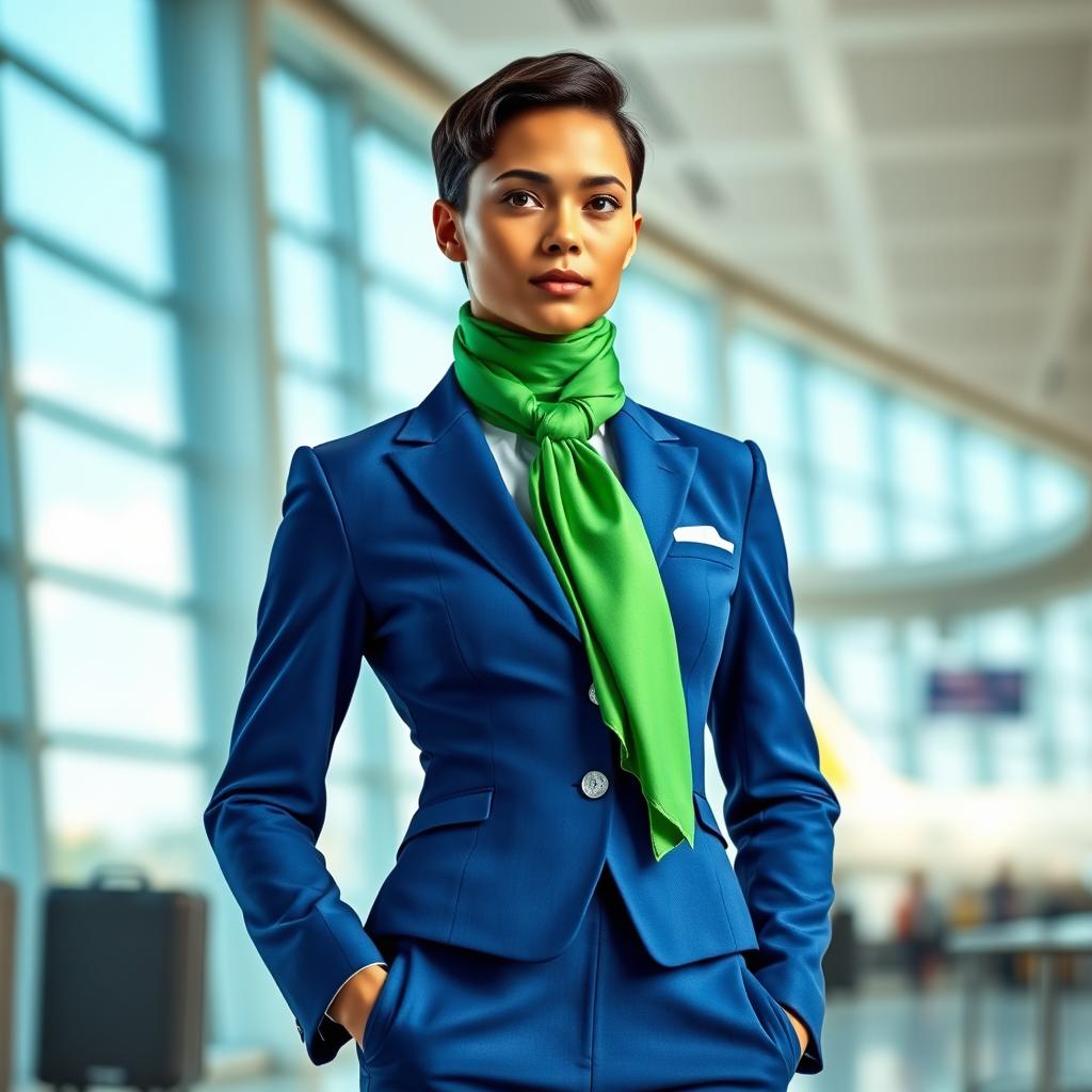 A stylish airline uniform featuring a fitted blue suit and matching trousers