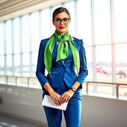 A stylish airline uniform featuring a fitted blue suit and matching trousers