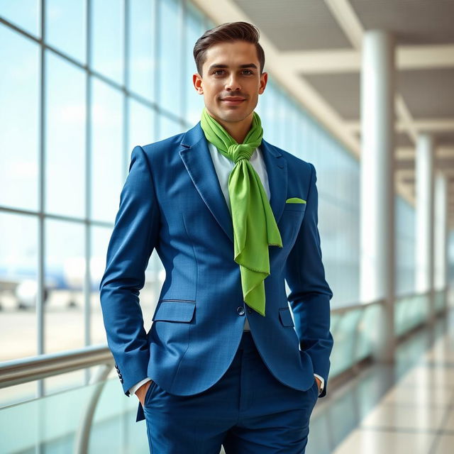 A stylish airline uniform featuring a fitted blue suit and matching trousers