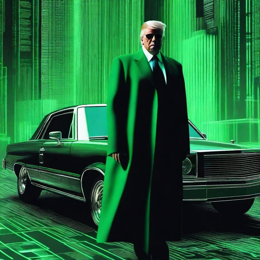 A top-quality, digital art image of Donald Trump in the style of an NFT, incorporating elements from The Matrix and a car theme