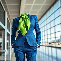 A stylish airline uniform featuring a fitted blue suit and matching trousers