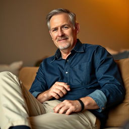 A relatively fit man in his 50s sitting comfortably, wearing a dark denim blue shirt and khaki pants