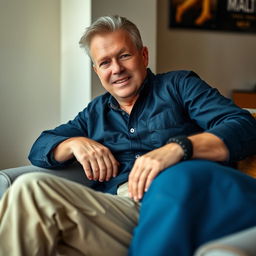 A relatively fit man in his 50s sitting comfortably, wearing a dark denim blue shirt and khaki pants