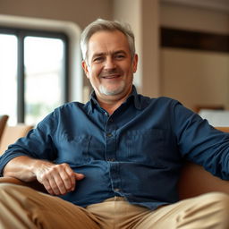 A relatively fit man in his 50s sitting comfortably, wearing a dark denim blue shirt and khaki pants