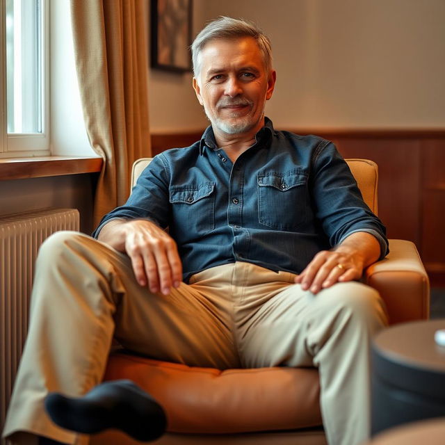 A relatively fit man in his 50s sitting comfortably, wearing a dark denim blue shirt and khaki pants