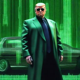 A top-quality, digital art image of Donald Trump in the style of an NFT, incorporating elements from The Matrix and a car theme