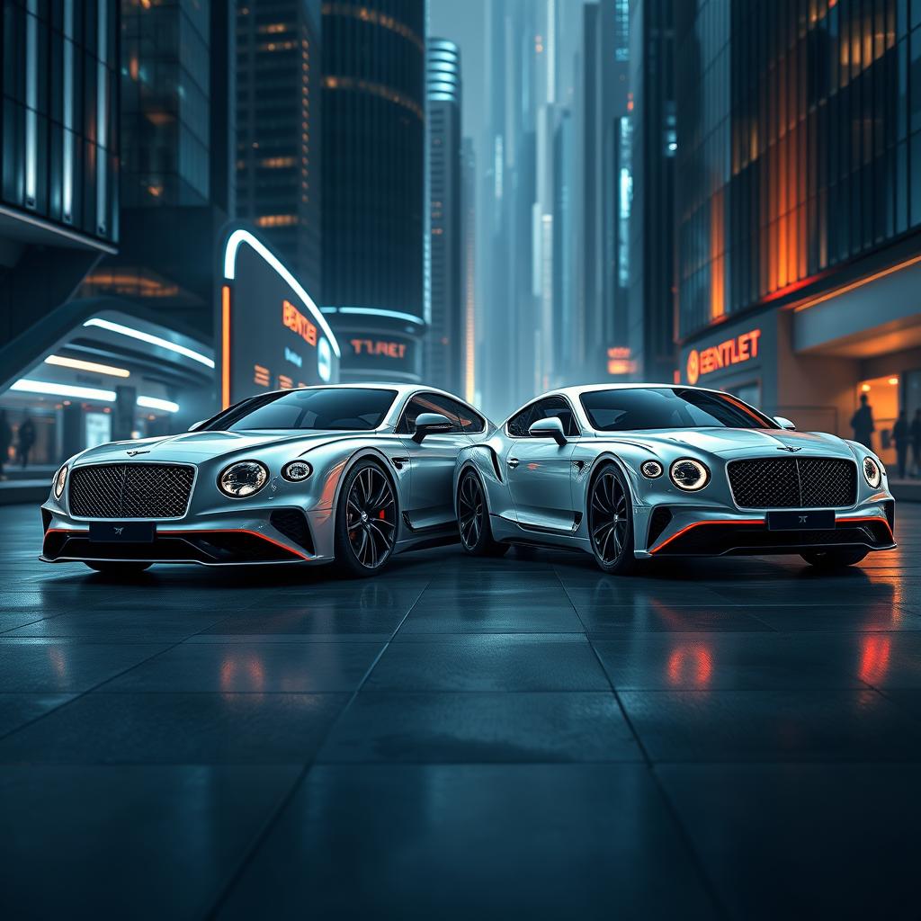 Two next generation Bentley Turbo cars, envisioned from the future, showcasing an extravagant design paired with high-performance features