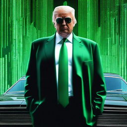 A top-quality, digital art image of Donald Trump in the style of an NFT, incorporating elements from The Matrix and a car theme